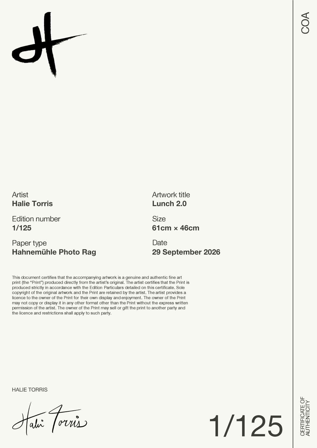 Lunch 2.0 — Certificate of Authenticity