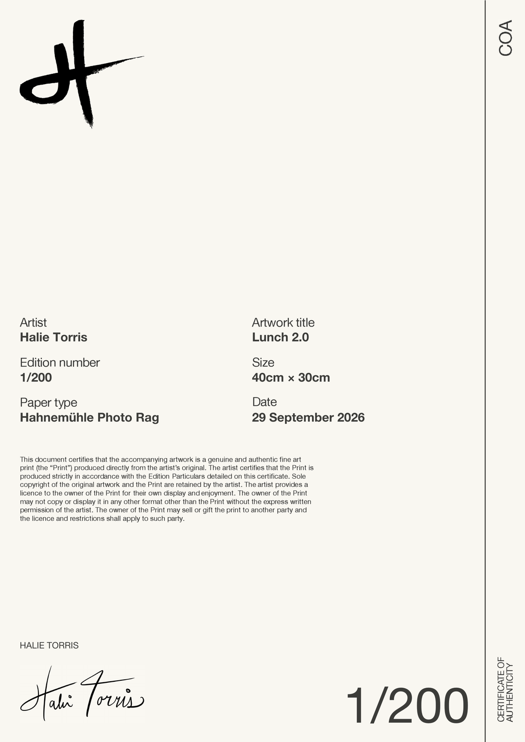 Lunch 2.0 — Certificate of Authenticity